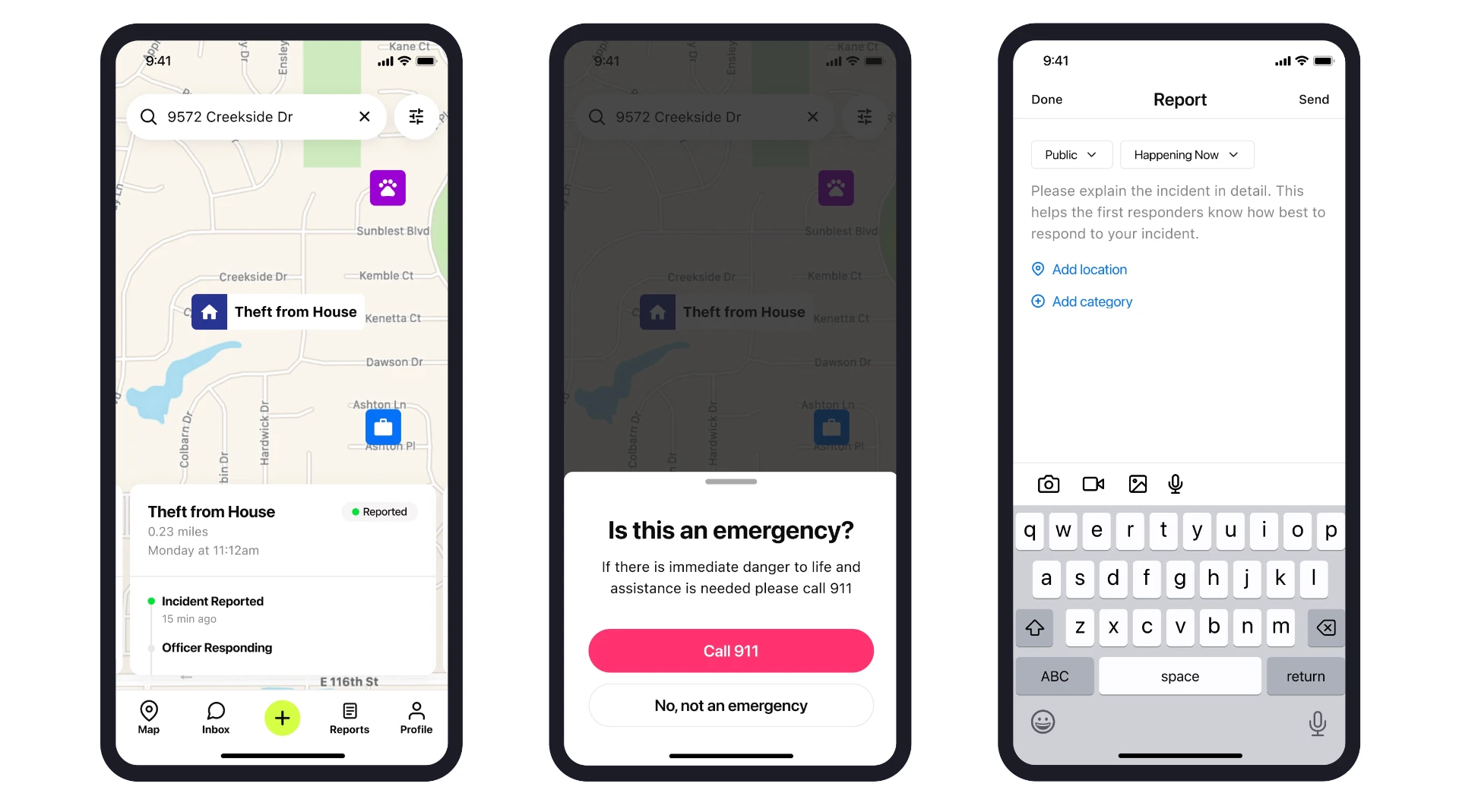 Relay map with theft report, emergency 911 prompt sheet, and report detail form