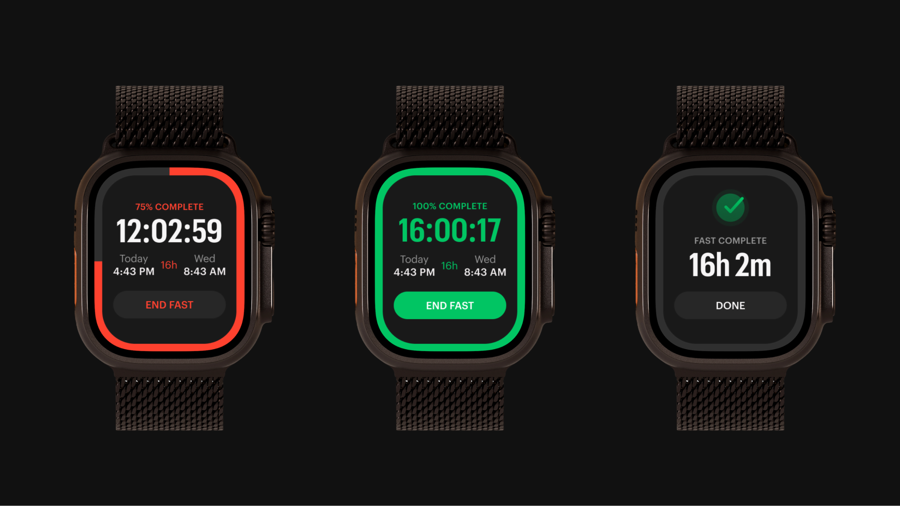 Zero Apple Watch fasting timer showing in-progress, complete, and summary states