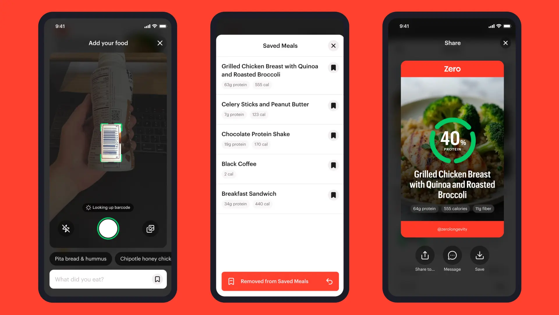 Zero barcode scanning, saved meals, and share sheet