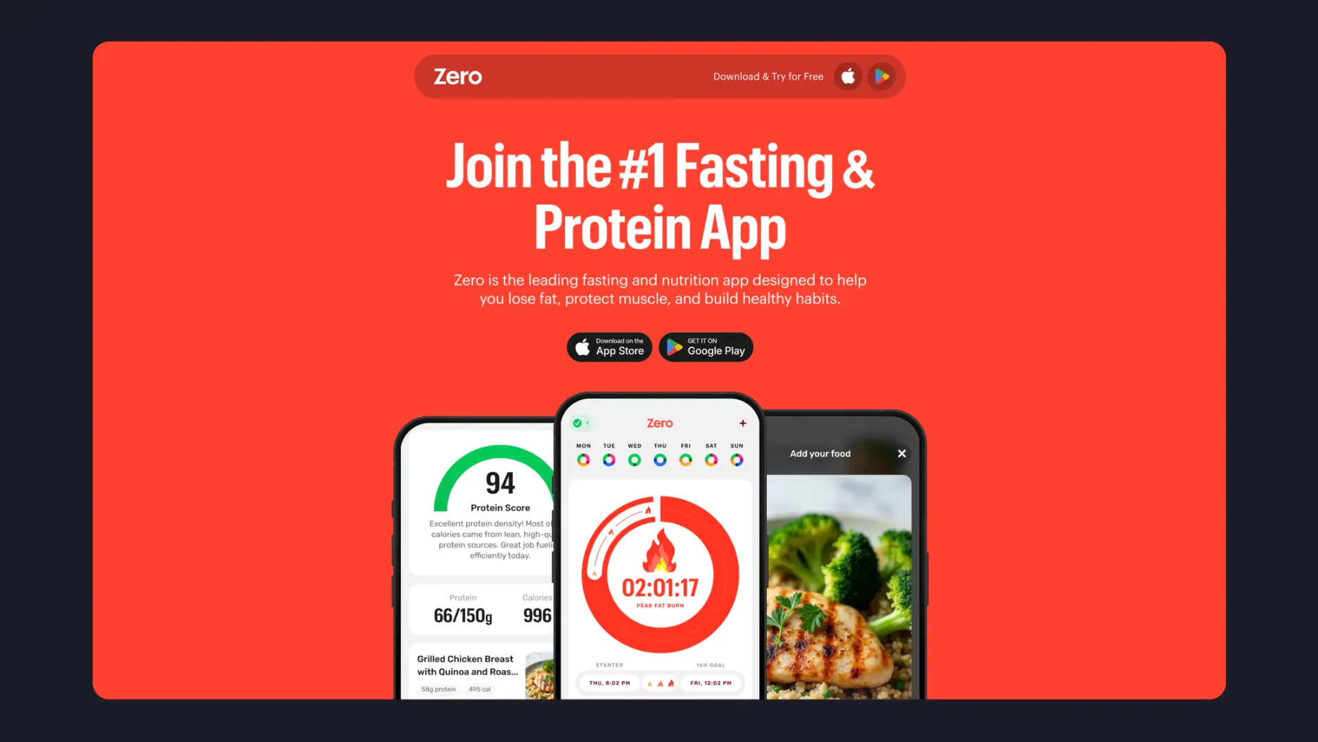 Zero landing page hero with download buttons and app previews