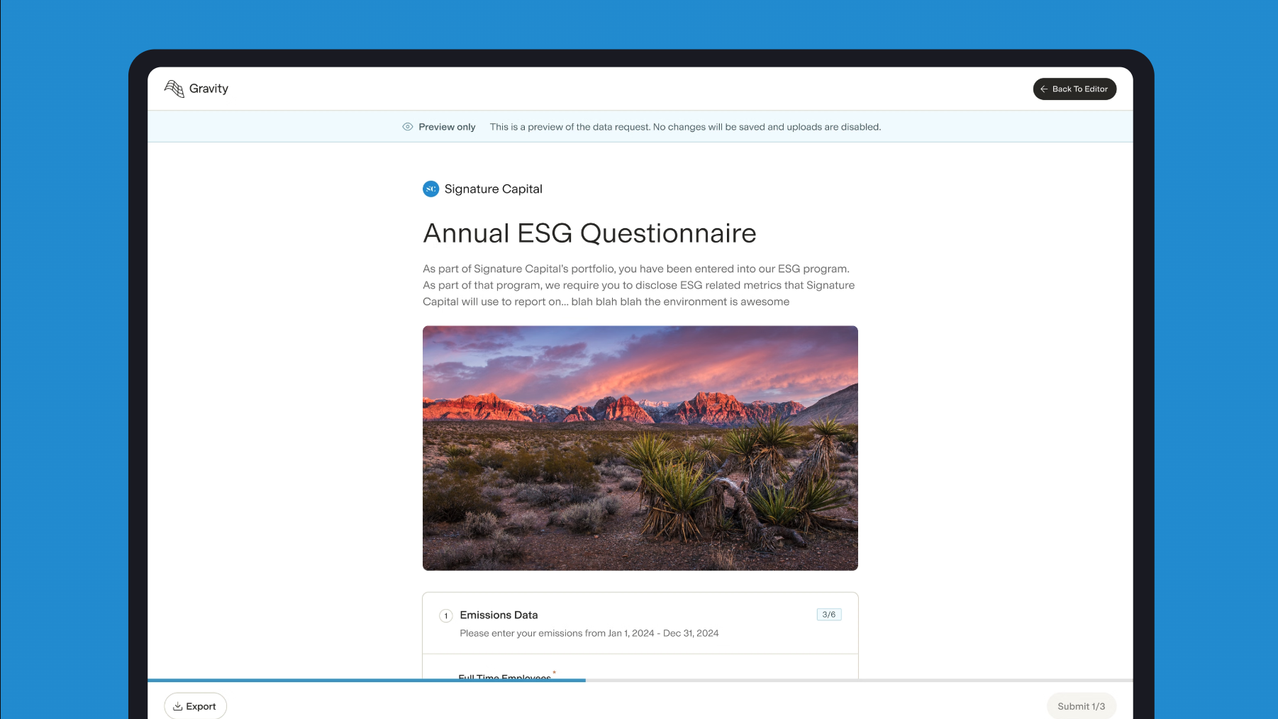 Gravity ESG questionnaire preview showing the Signature Capital annual questionnaire