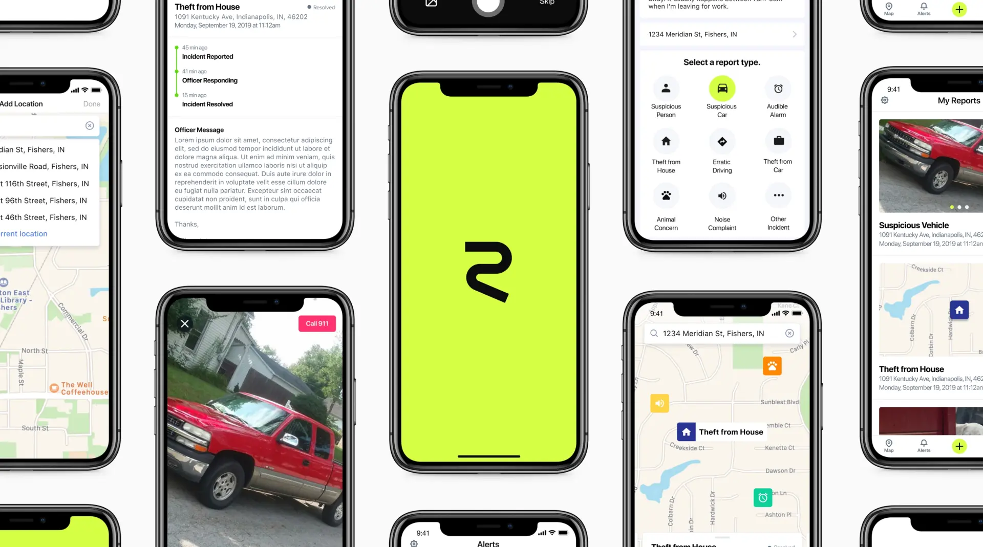 Collage of Relay app screens including maps, reports, alerts, and the launch screen