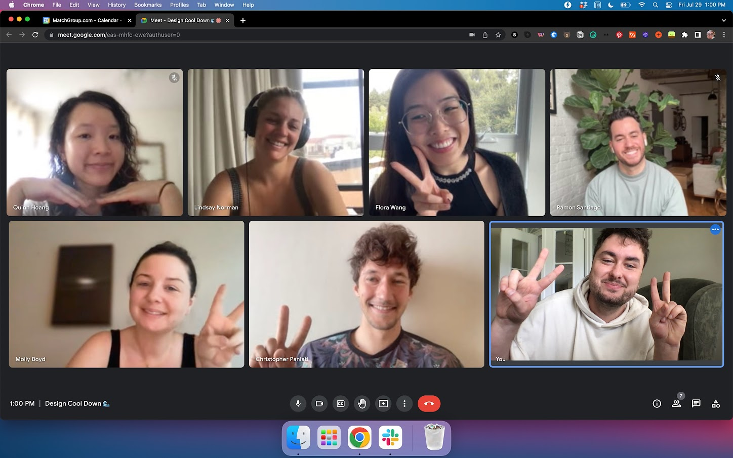 Google Meet screenshot of the Hinge design team smiling during a weekly cooldown call