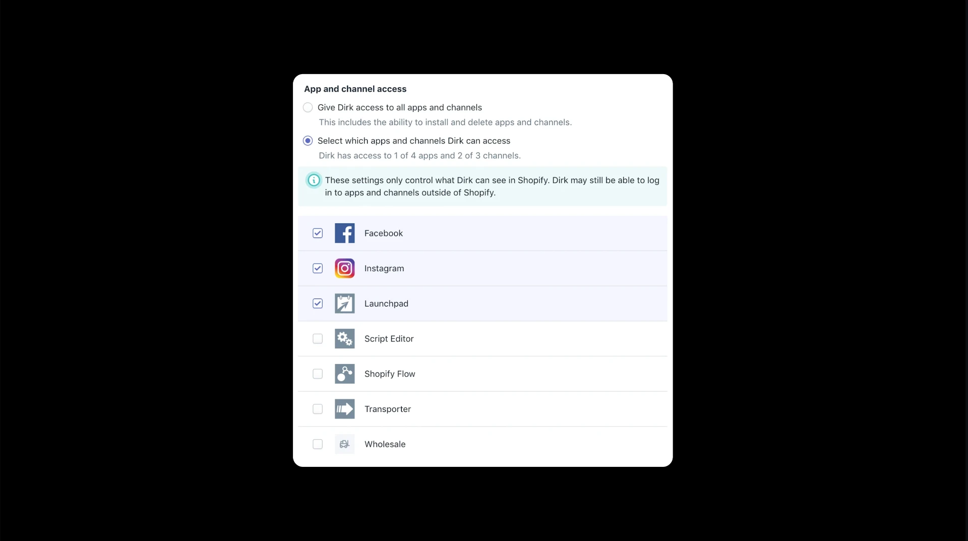 Shopify Plus admin showing app and channel access settings for a staff member