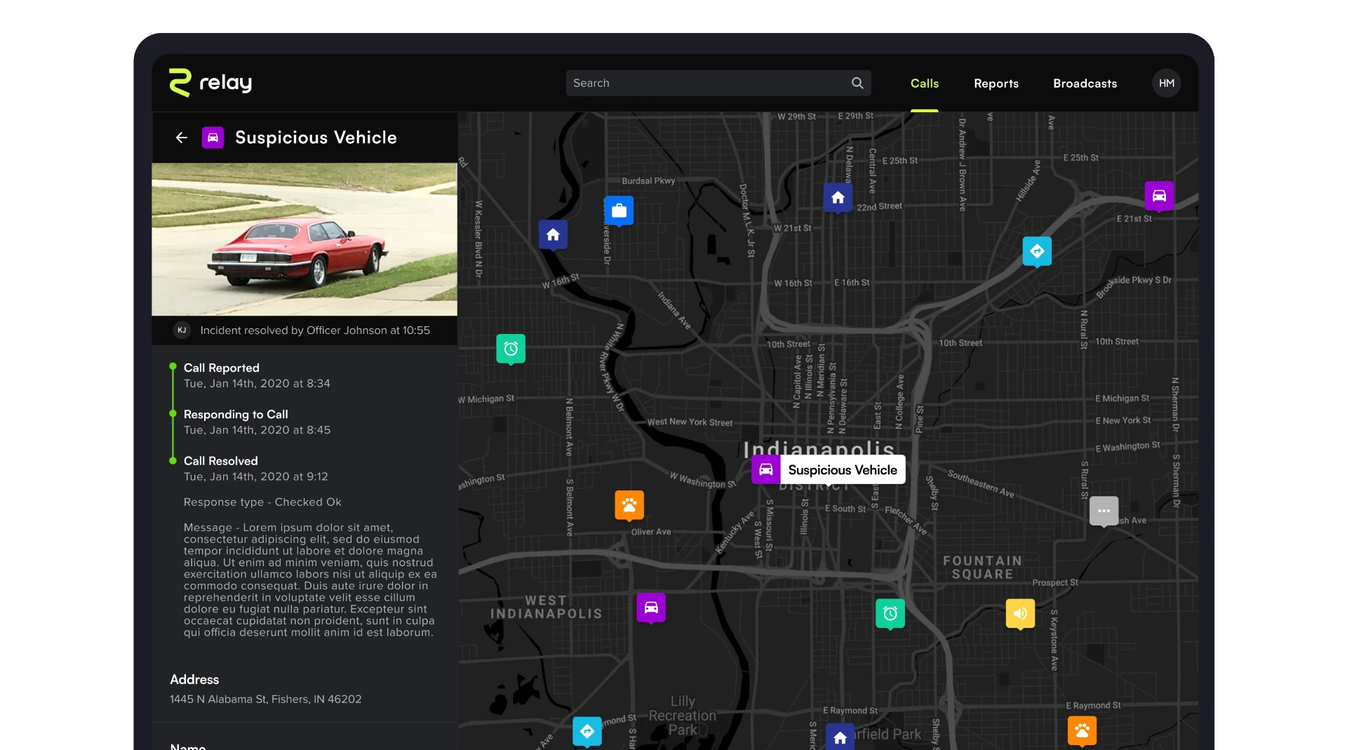 Relay call detail view for a suspicious vehicle with photo, status timeline, and incident map