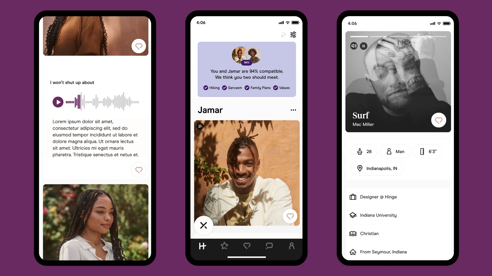 Hinge compatibility card showing a 94% match with shared interests, plus profile and audio prompt screens