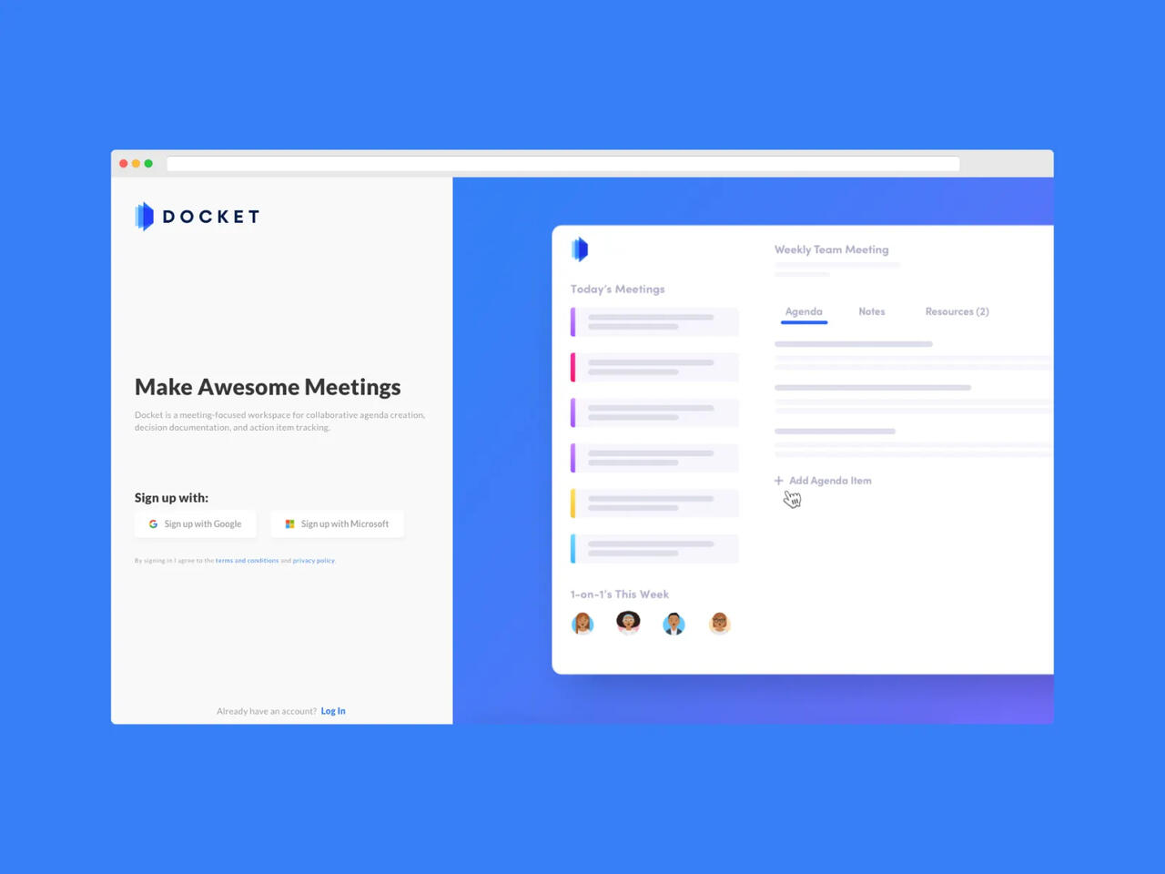 Docket signup screen and meeting workspace with today's meetings and agenda view