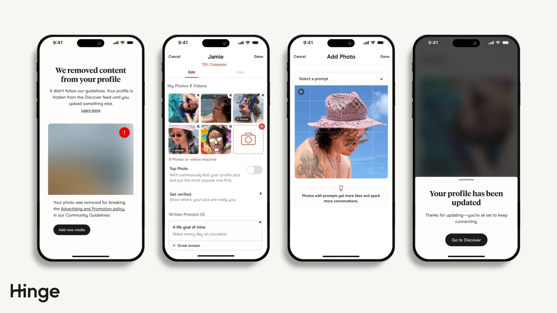 Hinge content removal flow: removed content notice, photo grid editing, add photo, and profile updated confirmation