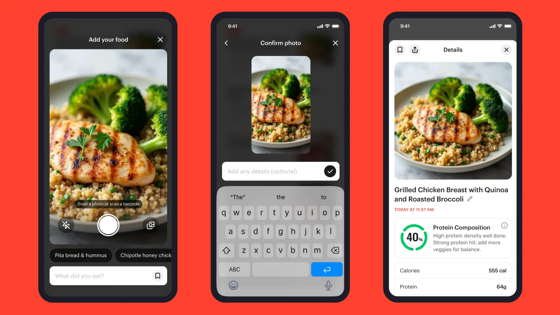 Zero food logging flow with photo capture, confirmation, and meal details