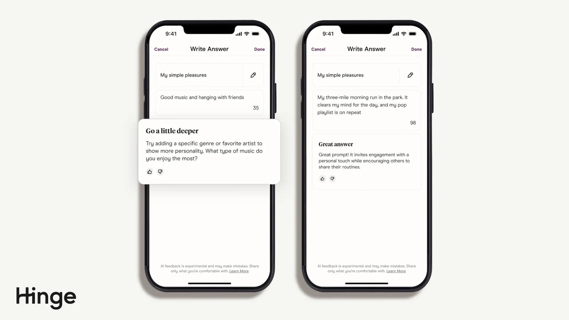 Hinge write-answer screens showing AI coaching cards that suggest deeper, more personal answers