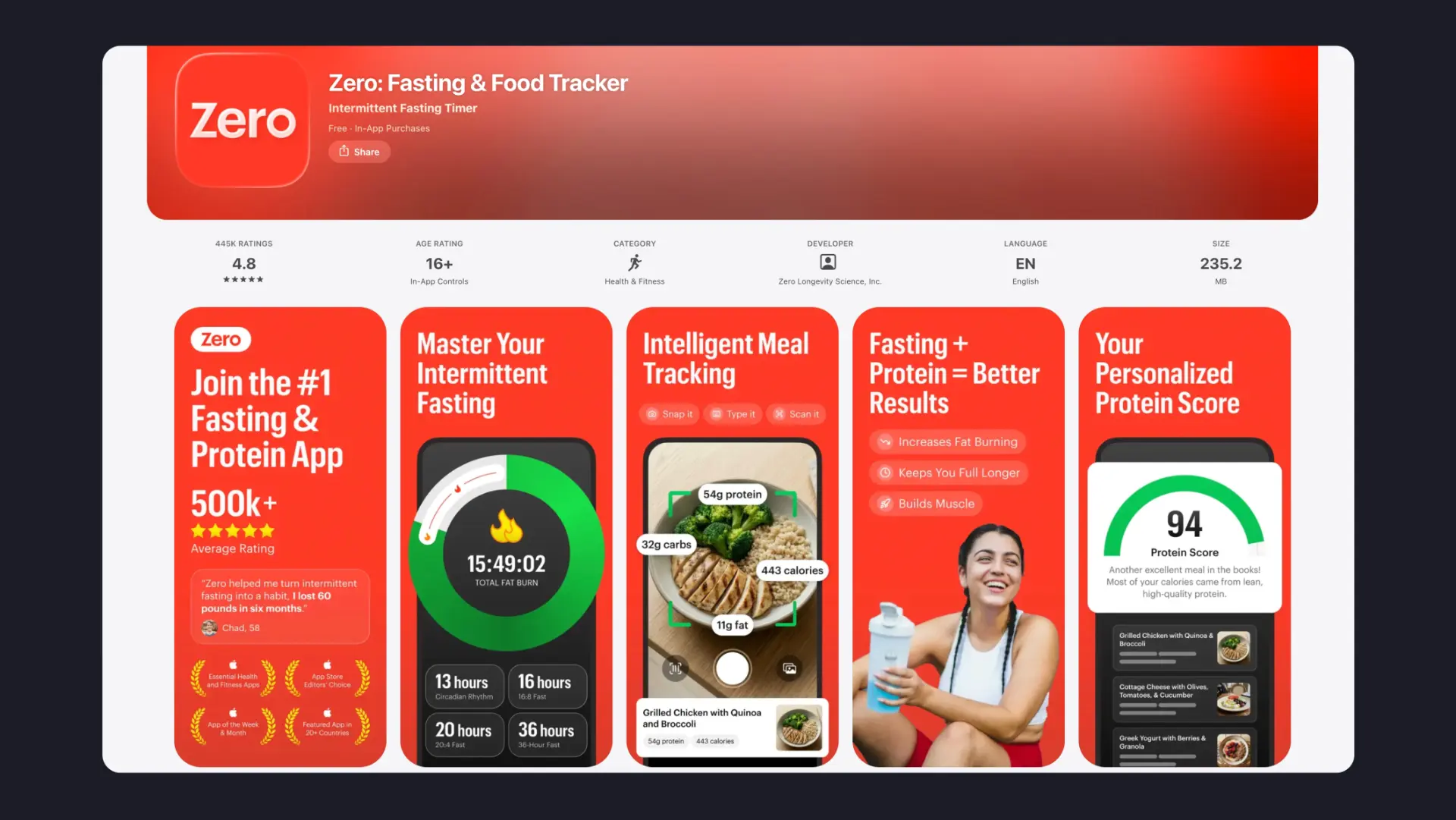 Zero App Store listing with 4.8 rating and product screenshots