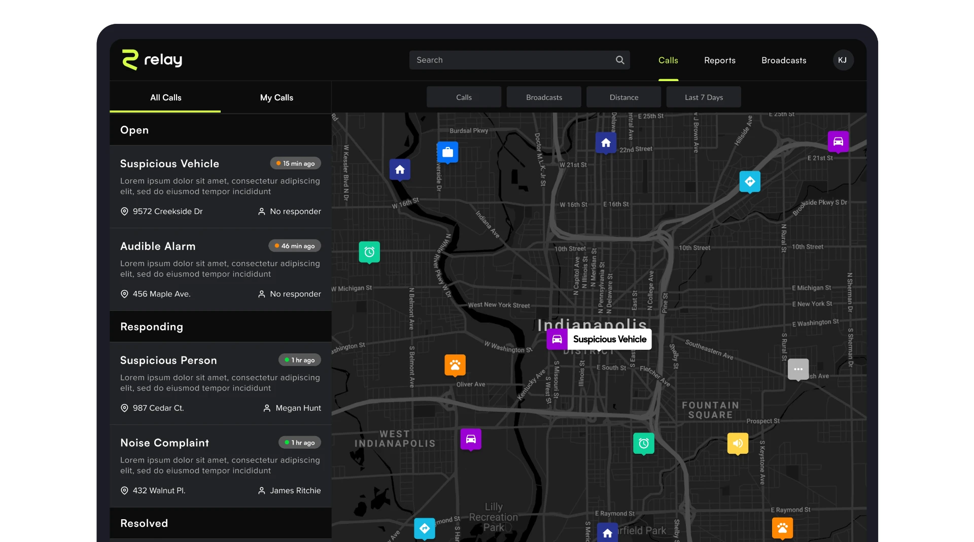 Relay dispatcher console showing the all calls list beside a live incident map of Indianapolis