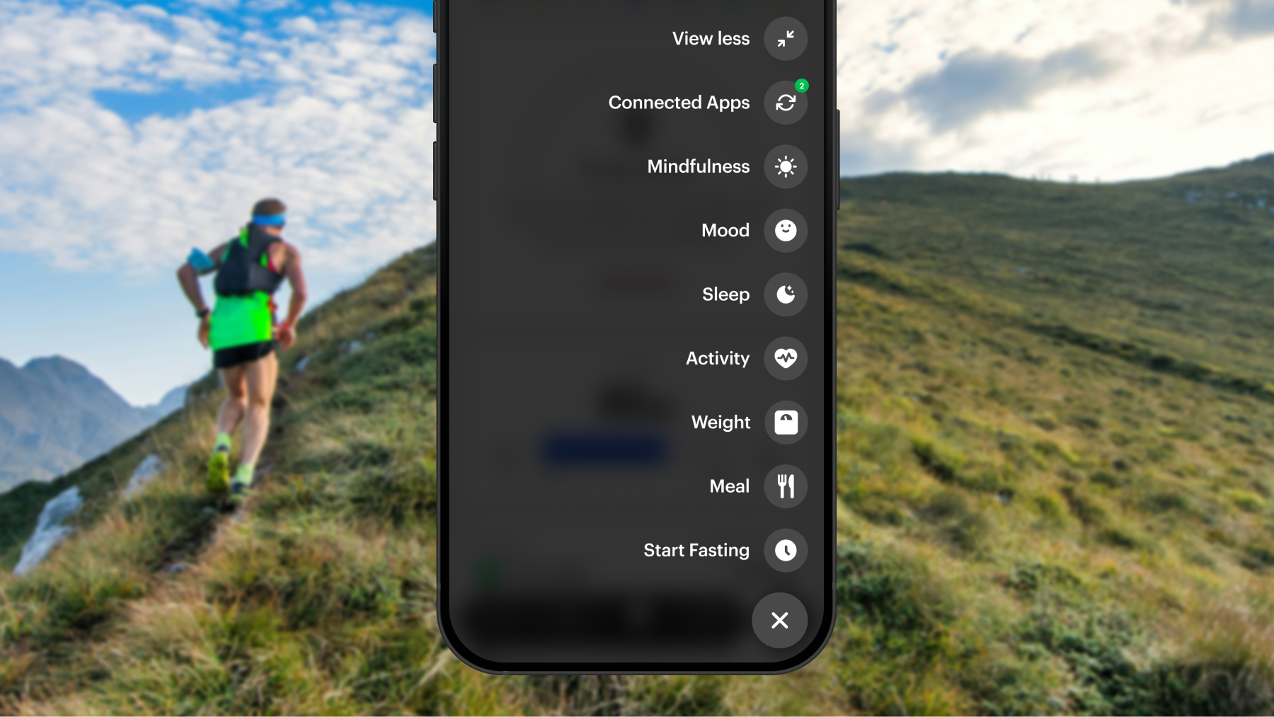 Zero quick-log sheet with connected apps, mindfulness, mood, sleep, activity, weight, meal, and fasting shortcuts