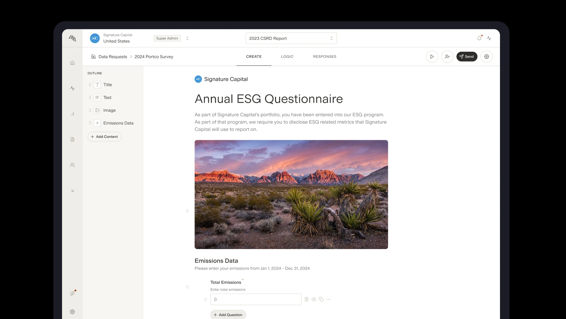 Gravity survey builder showing an ESG questionnaire