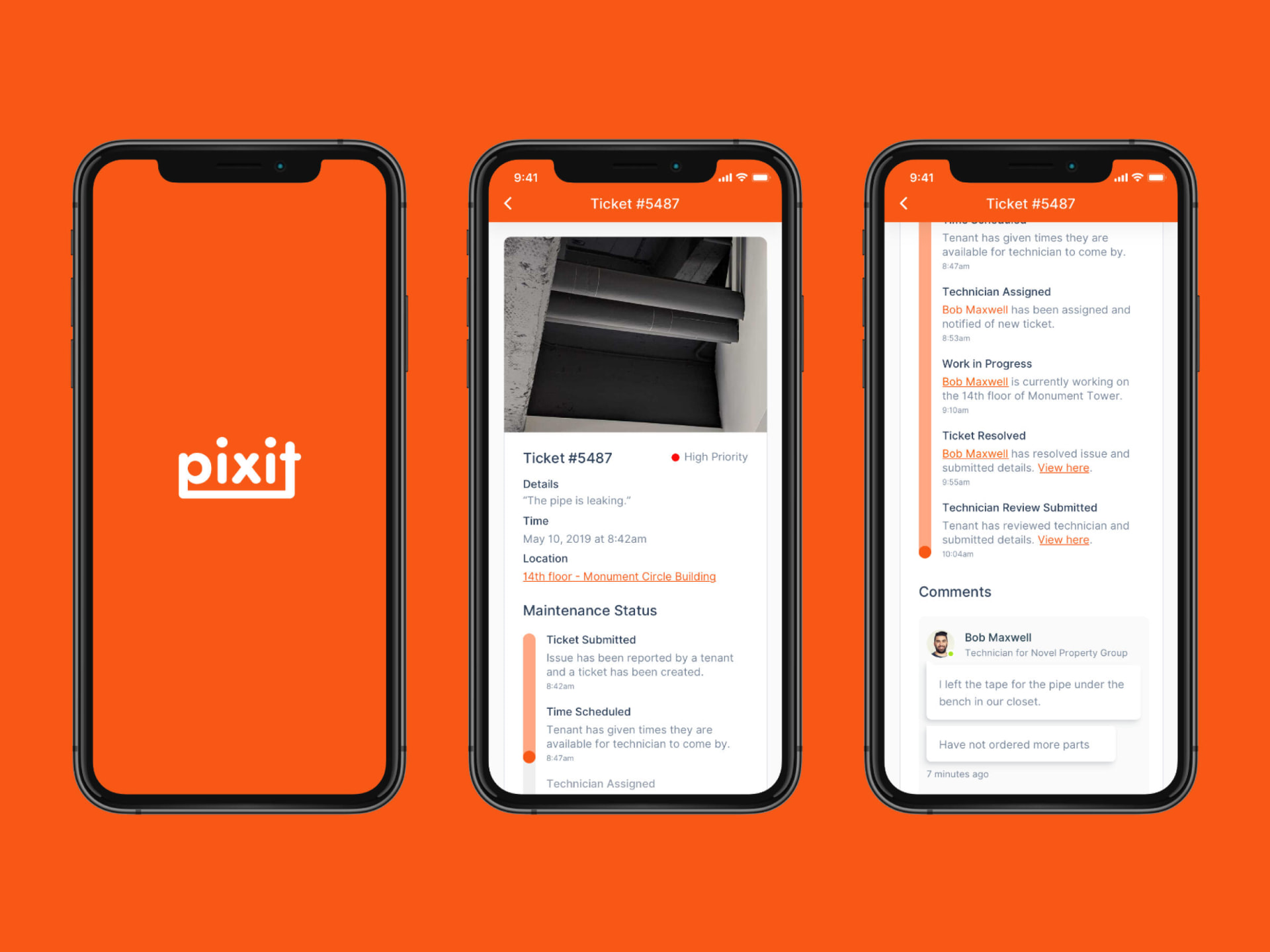 Pixit mobile app screens showing a maintenance ticket with photo, status timeline, and technician comments